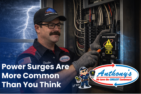An Anthony's technician works on an electrical panel, illustrating the text: Power Surges Are More Common Than You Think. (Anthony's: We have the coolest customers!)