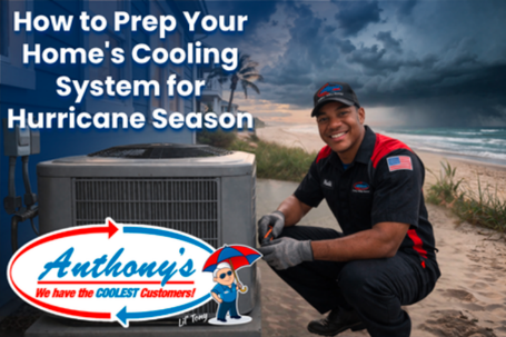 An HVAC technician smiles next to an outdoor AC unit with a stormy ocean backdrop. Text: How to Prep Your Home's Cooling System for Hurricane Season.