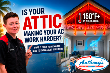 A smiling man in a black shirt next to text: "IS YOUR ATTIC MAKING YOUR AC WORK HARDER? 150°F+ IN YOUR ATTIC." An illustration shows a hot attic impacting a room.