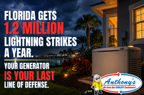 An illuminated home with a standby generator outside, set against a dark, stormy evening sky. Text: "FLORIDA GETS 1.2 MILLION LIGHTNING STRIKES A YEAR. YOUR GENERATOR IS YOUR LAST LINE OF DEFENSE."
