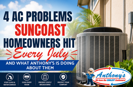 An AC service advertisement featuring an outdoor unit in a residential setting. Text: "4 AC PROBLEMS SUNCOAST HOMEOWNERS HIT Every July AND WHAT ANTHONY'S IS DOING ABOUT THEM." Includes Anthony's company logo and service benefits.