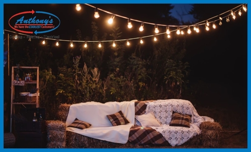 Patio with hanging lights and couch