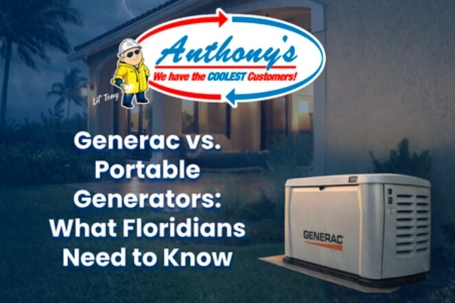 A promotional image compares generators, featuring a Generac unit, a cartoon mascot, and the Anthony's logo against a stormy house. Text reads: "Generac vs. Portable Generators: What Floridians Need to Know."