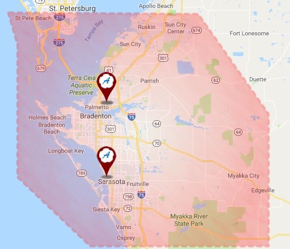 Map of Florida with service area highlighted in red